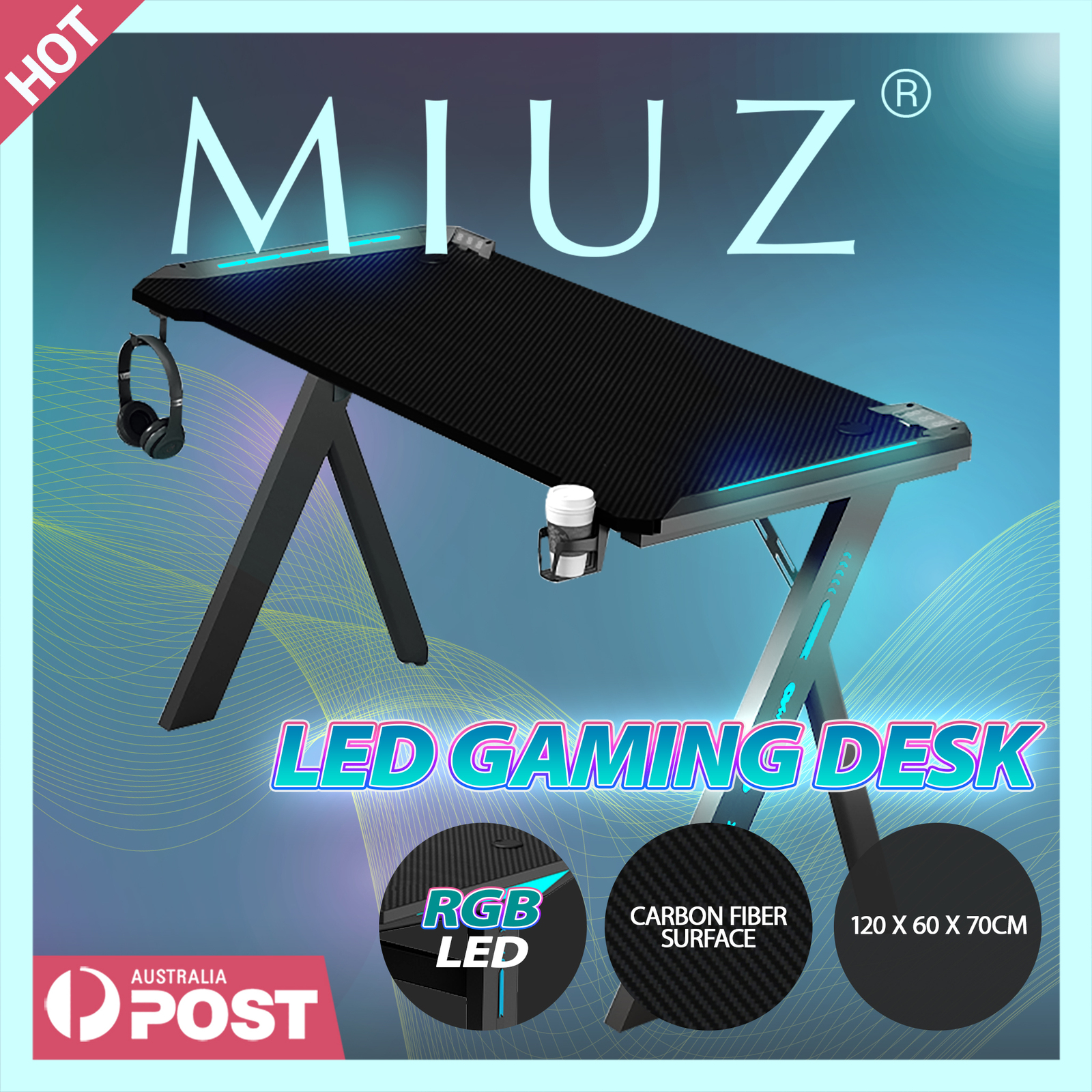 MIUZ Gaming Desk Office Computer Desk Home Study Carbon Fiber Table RGB LED